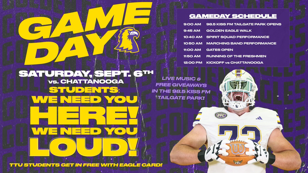 TTUGoldenEagles's tweet photo. 𝐓𝐎𝐌𝐎𝐑𝐑𝐎𝐖 𝐈𝐒 𝐆𝐀𝐌𝐄𝐃𝐀𝐘!

The Tennessee Tech vs. UT Chattanooga gameday schedule is here!

Join us to for Running of the Freshmen before kickoff!

Reminder that student tailgating is free with no reservation required. https://t.co/oZj7inD5no