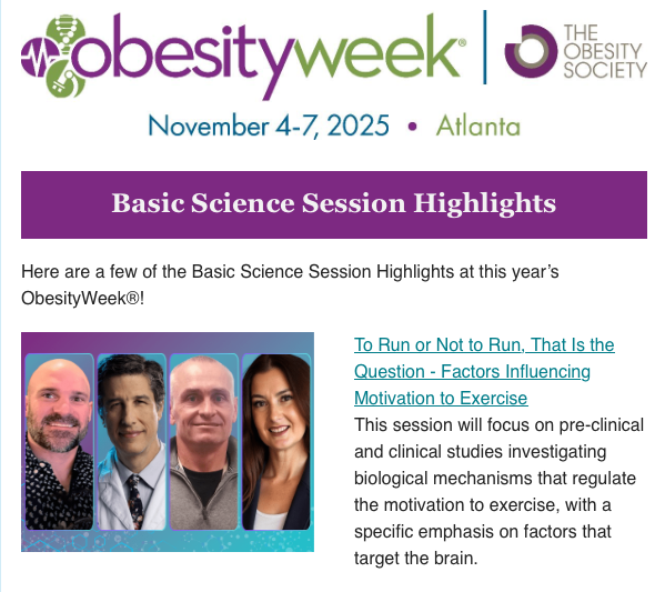 Two months until Atlanta <a href="/ObesityWeek/">ObesityWeek®</a>. Be certain to check out <a href="/SepidehSheybani/">Sepideh Sheybani</a>'s Ethan Sims Young Investigator Award talk as a finalist. Good buddies <a href="/thewilliamslab/">The Williams Lab</a> and <a href="/JaimeAlmandoz/">Jaime Almandoz, MD MBA FTOS</a> will receive their big awards. Excellent Track 2 Neuroscience talks. and Karaoke. Hope 2 see u