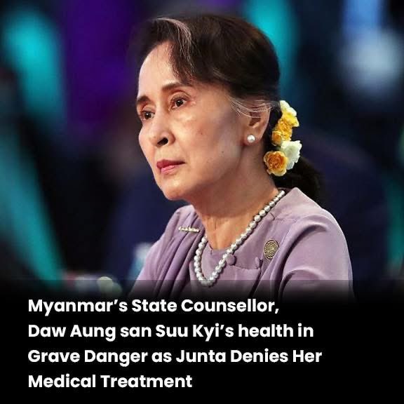 ee_twt1's tweet photo. Daw Aung San Suu Kyi is 80 and critically ill with a heart condition.
The junta is denying her medical care.
Her life is in danger.

WHAT’S HAPPENING IN MYANMAR 
#LetOurLeaderAungSanSuuKyiHeal https://t.co/5FjxB1rQ0T