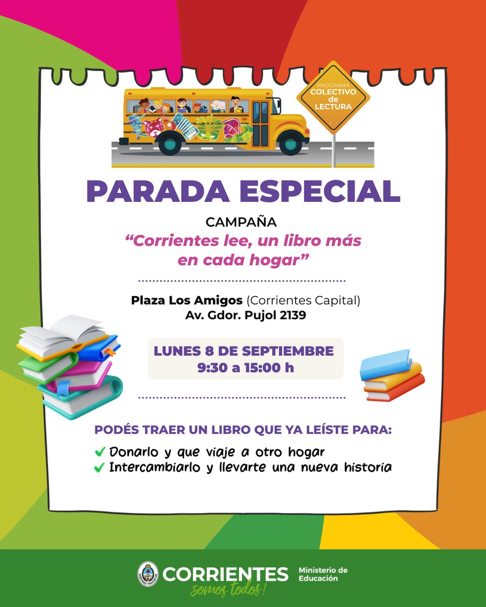 📚 Este lunes el Colectivo de Lectura hace una parada especial en Plaza Los Amigos 🚌  
🧉 Mateada literaria, lecturas compartidas y un viaje por el mundo de las palabras 🌍  
👨‍👩‍👧‍👦 ¡Sumate con tu familia, tu escuela o tus ganas de leer! #DíaDeLaAlfabetización 💛