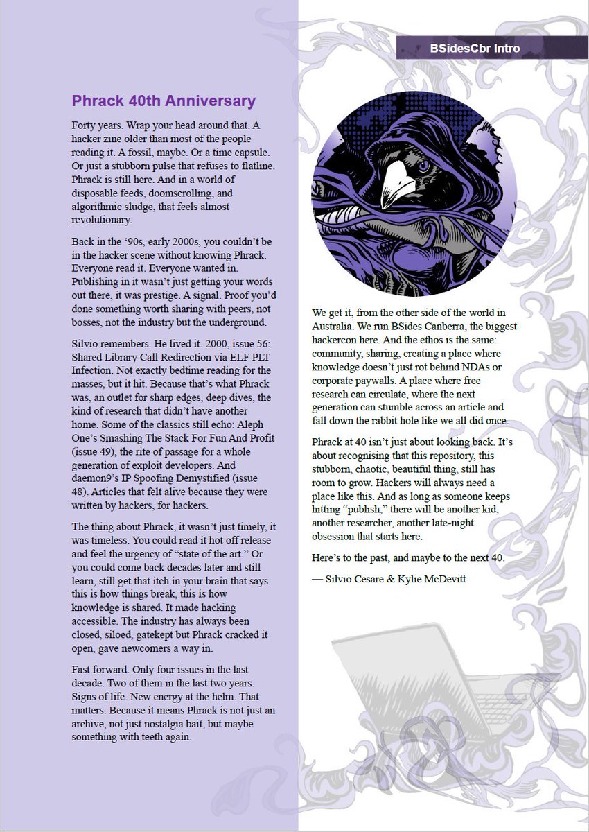 phrack's tweet image. Preview of PHRACK #72 @BSidesCbr edition. 
👉Release: 25th of September. GET READY👈

How many logos of famous Australian/New-Zealand cons can you spot on the back cover?
