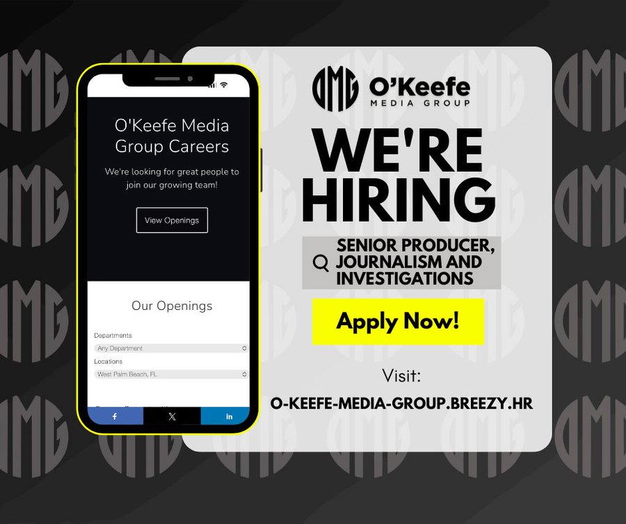 🚨 WE’RE HIRING: SENIOR PRODUCER, JOURNALISM AND INVESTIGATIONS

O’Keefe Media Group is looking for a Senior Producer to lead the development, coordination, and execution of high-impact news stories and video packages from concept through post-production.

This role is for