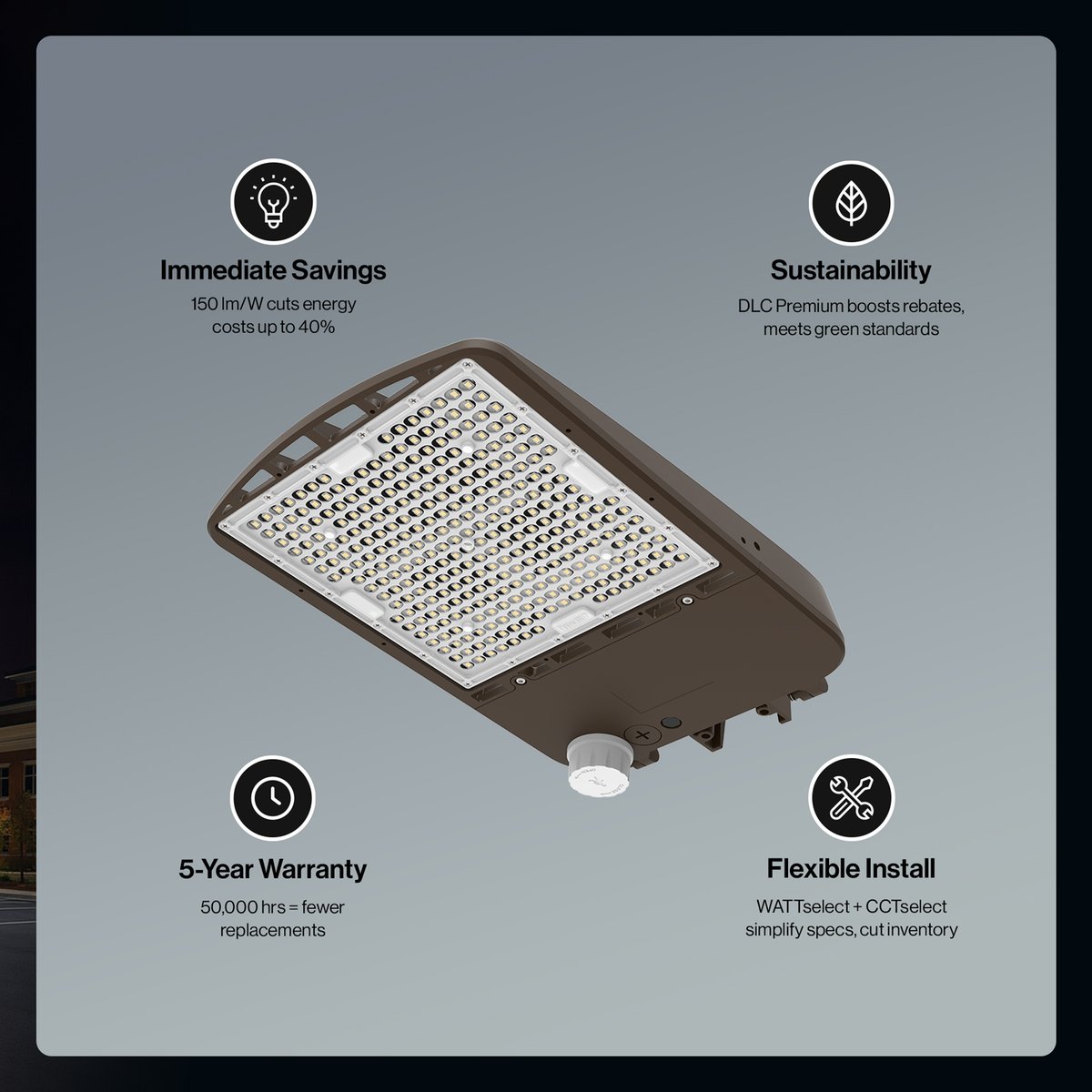 ArchipelagoLED's tweet image. LSBX | Heritage cuts energy costs by 40% 💰 DLC Premium rebates + adjustable wattage &amp;amp; color temp make installation easy 🔧 Smart lighting built for ROI &amp;amp; sustainability 🌱 #LightingROI #BusinessValue