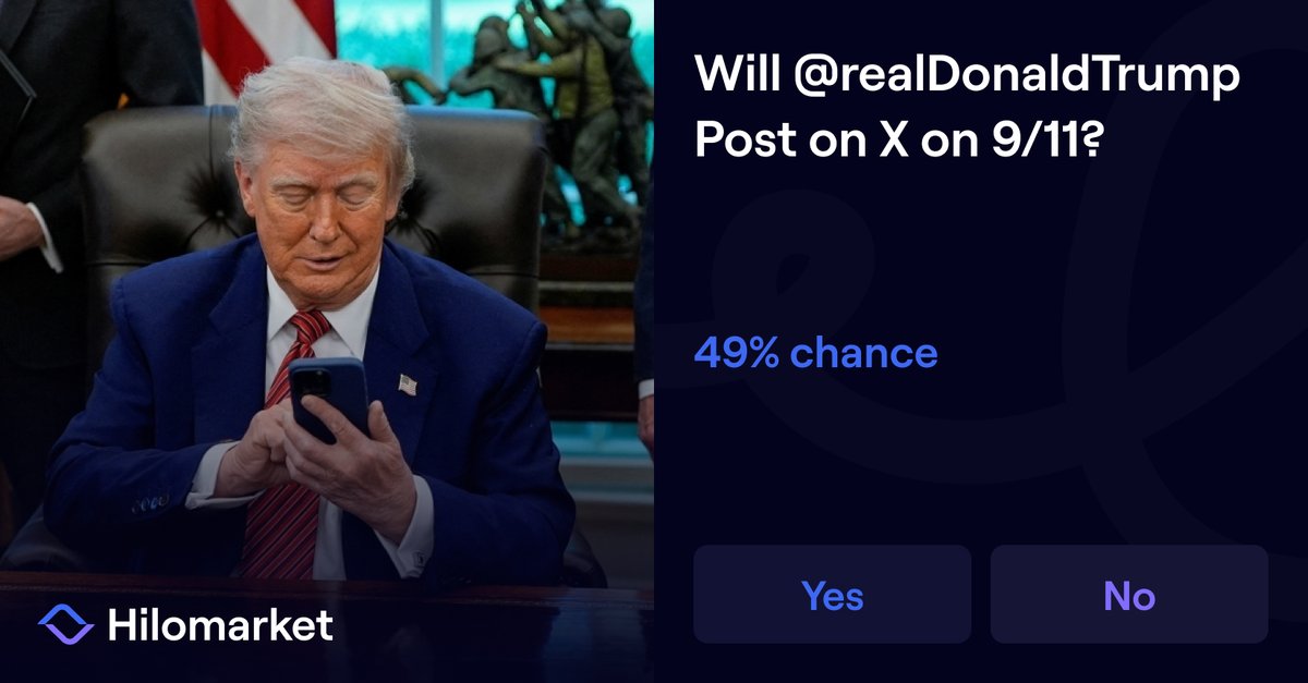 🚨 New Hilomarket: Will <a href="/realDonaldTrump/">Donald J. Trump</a> post on X on 9/11?

Set your predictions 👉🏻 hilomarket.com/151