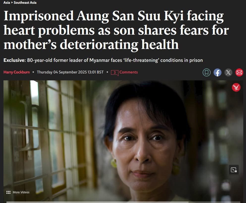 TayTawanMyanmar's tweet photo. Aung San Suu Kyi has spent decades sacrificing for her people. Now, at 80, she faces her hardest fight, not against injustice in the streets, but for her very life in prison. Denying her medical treatment is pure inhumanity by the junta. She deserves care, not cruelty.

WHAT’S HAPPENING IN MYANMAR
#LetOurLeaderAungSanSuuKyiHeal