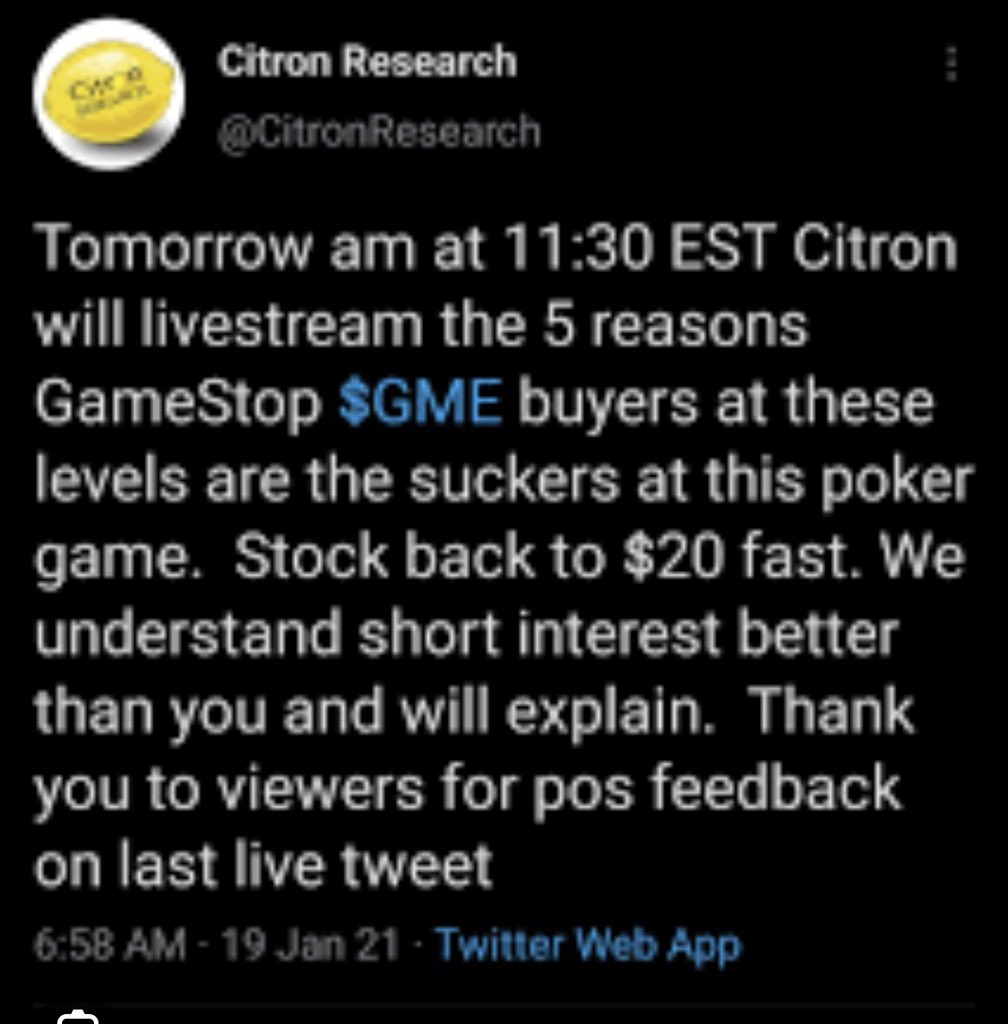 arem123's tweet photo. Neve forget this tweet @CitronResearch put out when he was short $GME $OPEN https://t.co/cXNe8vAJL2