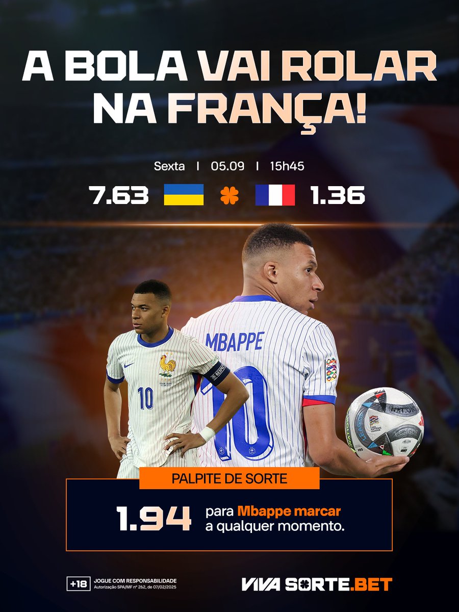 VivaSorteBET's tweet photo. A bola já rola pelas Eliminatórias da Copa na Europa e tem jogão vindo aí: França x Ucrânia!

A ADM já deixou aquele palpite da sorte 
👉 https://t.co/7MpAVA0xIO

18+ Jogue com responsabilidade
 Aposta não é investimento
 Autorização SPA/MF nº 262, de 07/02/2025 https://t.co/uyGging07f