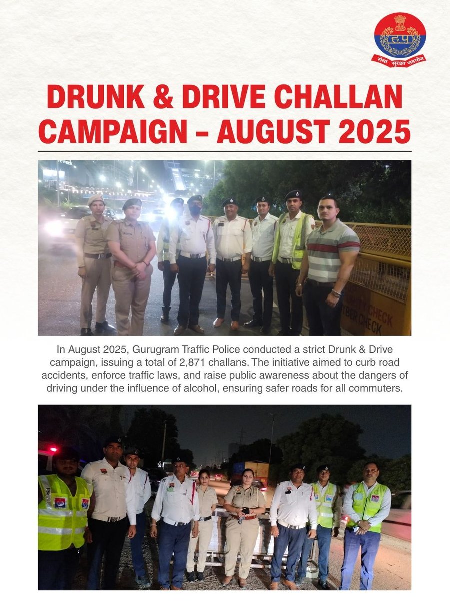 TrafficGGM's tweet photo. Gurugram Traffic Police issued 2,871 challans in August 2025 under the #DrunkDrive campaign.
❌ Don’t risk lives by drinking & driving.
✅ Choose safety. Choose responsibility.
#DriveSafe #ChallanNahiSalaamMilega
#Gurugram #Traffic #Police https://t.co/WFKzwSHgiC