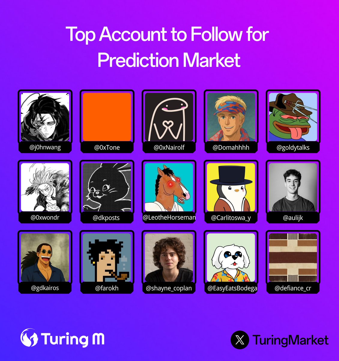 If you're diving into prediction markets, check out these top accounts to follow for insights, trades, and updates! <a href="/johnwang/">John Wang</a> <a href="/0xTone/">tone</a> @0xNairof <a href="/Domahhhh/">Domer❤️‍🔥</a> <a href="/goldytalks/">goldy</a> <a href="/0xwndr/">0xWndr</a> <a href="/dkposts/">dk</a> <a href="/LeotheHorseman/">Leo the Horseman (prediction arc)</a> @Carlitosway_y <a href="/aulijk/">Auli</a> <a href="/thenarrator/"></a> <a href="/farokh/">Farokh</a> <a href="/shayne_coplan/">Shayne Coplan 🦅</a> <a href="/notsoeasymoney/"></a>