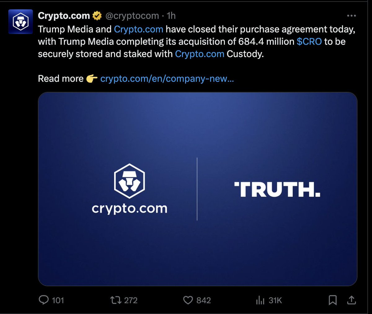 Trump MediaがCROを取得したことを伝えるCrypto.comの発表のスクリーンショット