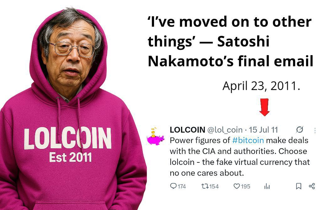 lol_coin_sol's tweet photo. 🧵 1/18

“The Lost Story of Bitcoin’s First Memecoin: LOLCOIN (2011) ”

Every revolution has its architects.
For Bitcoin, the name etched in stone is Satoshi Nakamoto  the mysterious coder who birthed digital money.

But revolutions also have ghosts. Tricksters. Cultural architects who shape the movement not with code, but with story.
And Bitcoin had one of its own.

His name was Mitsubishi Goldstein.
Or sometimes Laced With Kerosene.
Or maybe Ogashi Tukafoto.

He wasn’t a miner, nor a cryptographer. He didn’t write the whitepaper or build a client. What he did was stranger: he made Bitcoin funny.

In the fragile summer of 2011, when the price whipsawed between $1.77 and $10 and the creator himself had vanished, Goldstein kept the flame alive through parody, prophecy, and memes. He ran satirical sites like https://t.co/6Zh87dxTTJ, launched the world’s first parody coin (LOLCOIN), and even left behind a frozen 3,100 BTC wallet worth hundreds of millions today.

His last public writings came in just 18 posts, ending August 18, 2011.
Then he disappeared  like Satoshi.

And yet, his work echoes everywhere:

A “scrapbook” that foresaw hacks, exchange collapses, and meme wars.
Cashback ideas that predated Lolli and Fold by a decade.
Satirical articles later cited in law journals, IMF studies, and JSTOR archives.
A Twitter account that hit 100 followers in 2011  and only passed 100 again in 2025.

Most people have forgotten him.
But if Satoshi was Bitcoin’s architect, Goldstein was its comedian-prophet.

This thread is the first attempt to piece together his story  tracing forum posts, satire, academic citations, and whispers from OG whales.

Along the way, we’ll confront the haunting question:

👉 Was MG simply Bitcoin’s first meme-maker?
👉 Or was he Satoshi himself, mocking us from behind a mask?

In July 2011, Bitcoin crossed 5,000 Reddit subs. The price had just crashed from $32 → $0.01$ 

👉 Into that chaos walked Mitsubishi Goldstein… 👇