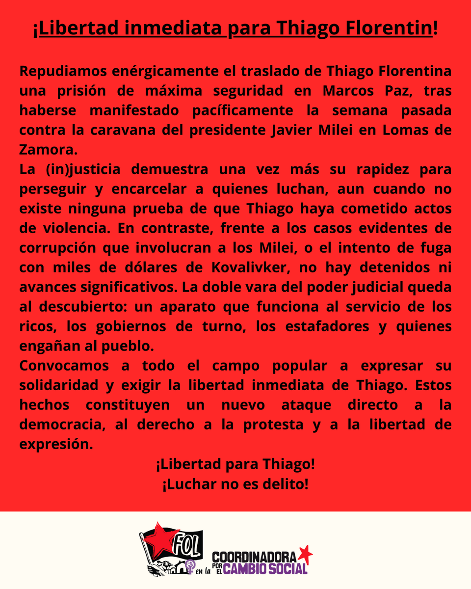 5 de septiembre conferencia de prensa en el Serpaj, piedras 730 CABA. ⏱️ 11 hs

🔥¡Organizarse no es delito!
🔥¡Cárcel a los corruptos y ajustadores!

#libertad #organizarsenoesdelito #corrupción #presosporluchar #libertadparathiagoflorentin