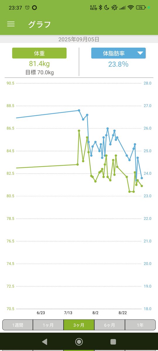 体重がゆっくりと下がっている傾向はあるので、地道に頑張る。
