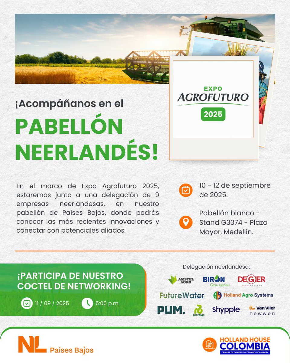 👨🏻‍🌾¡Nos vamos para Expo Agrofuturo 2025!

💡Si quieres conocer de primera mano cuáles son los avances más recientes en el sector agro, no te puedes perder nuestra participación con nuestro Pabellón Neerlandés.

🗓️ 10 - 12 de septiembre de 2025.
📍 Pabellón Blanco - Stand G3374.