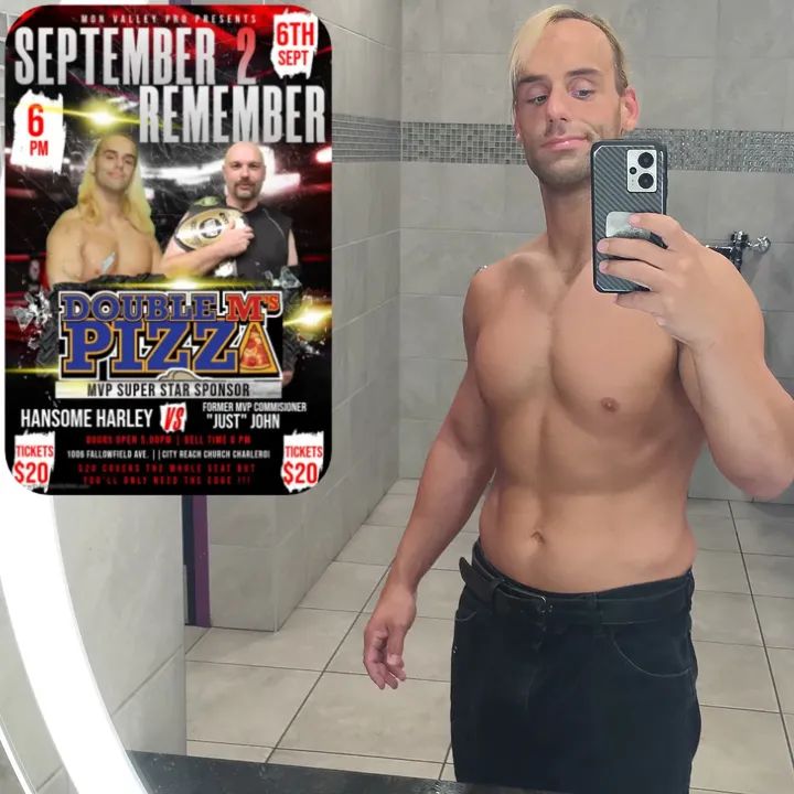 HarleyTMorris's tweet photo. No matter the color of jeans you know I still look #handsome! Will look even better, if that's possible, when I win more championship gold tomorrow at MVP Wrestling! #gym #reflectionofperfection🪞😏 #putinginwork💪 #diet https://t.co/FPUPxn3qMn