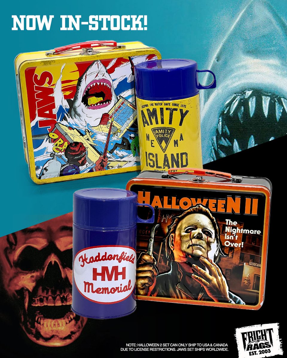 NOW IN-STOCK! 🍎 Officially licensed JAWS &amp; HALLOWEEN II metal lunchbox &amp; thermos sets. Grab yours in time for the spooky season! Limit 2 per order. 👉 🔗 tinyurl.com/35u73bvm

🌎 NOTE: H2 set can only ship to 🇺🇸 &amp; 🇨🇦 due to license restrictions. JAWS set ships worldwide.