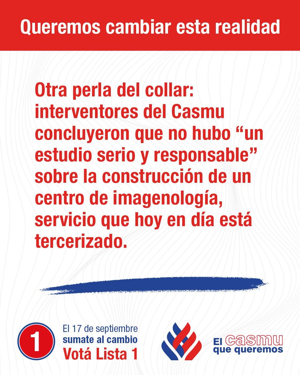 No podemos permitir que siga la improvisación y las obras sin plan. Este 17 de Septiembre, asegurá tu futuro. 

Elegí volver a la normalidad. Votá la Lista 1, votá El CASMU Que Queremos.