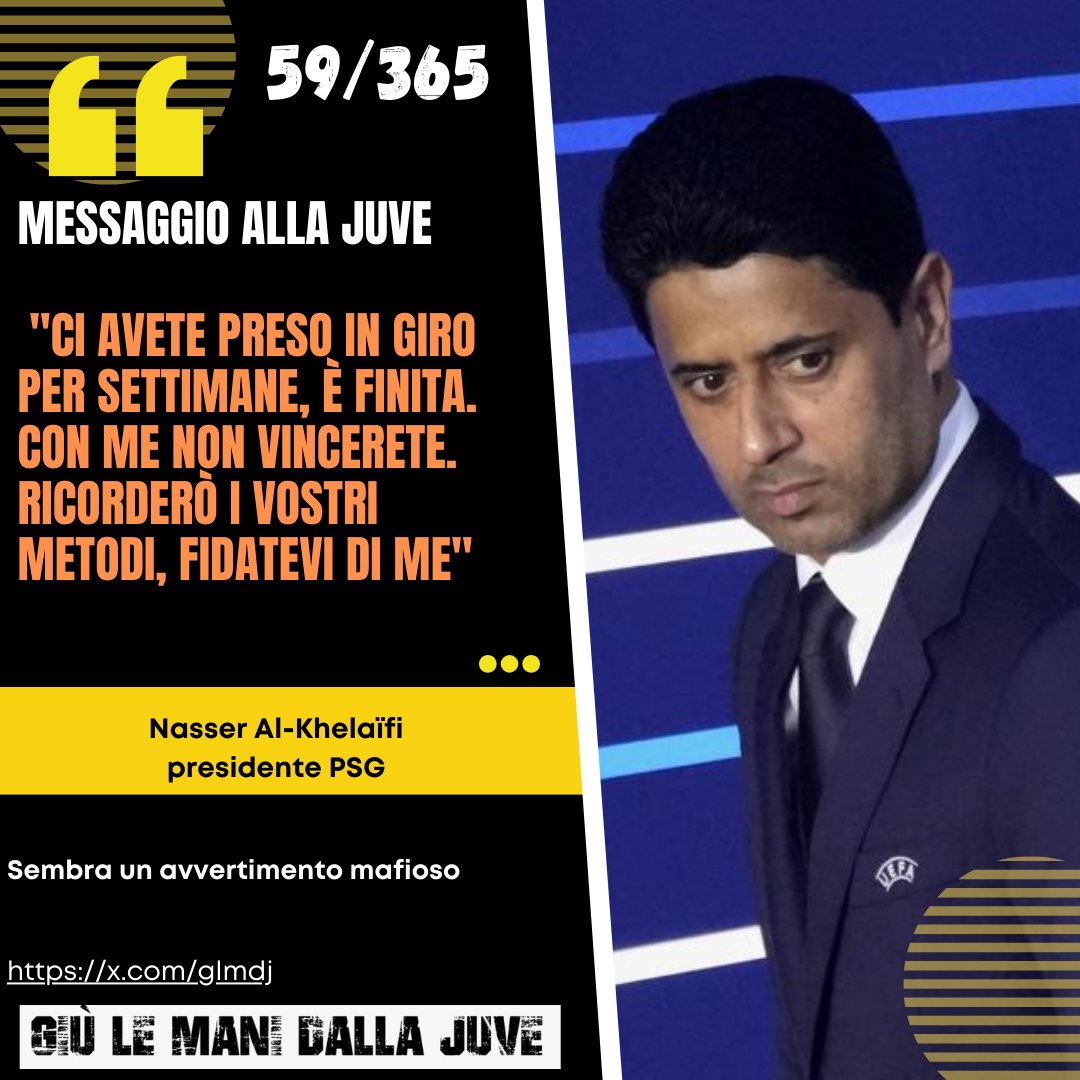 glmdj's tweet photo. Nasser Al Khelaifi manda un messaggio alla juve: "Ci avete preso in giro per settimane, è finita. Con me non vincerete. Ricorderò i vostri metodi, fidatevi di me".
#sembra un avvertimento mafioso https://t.co/a0RNO7lJM7