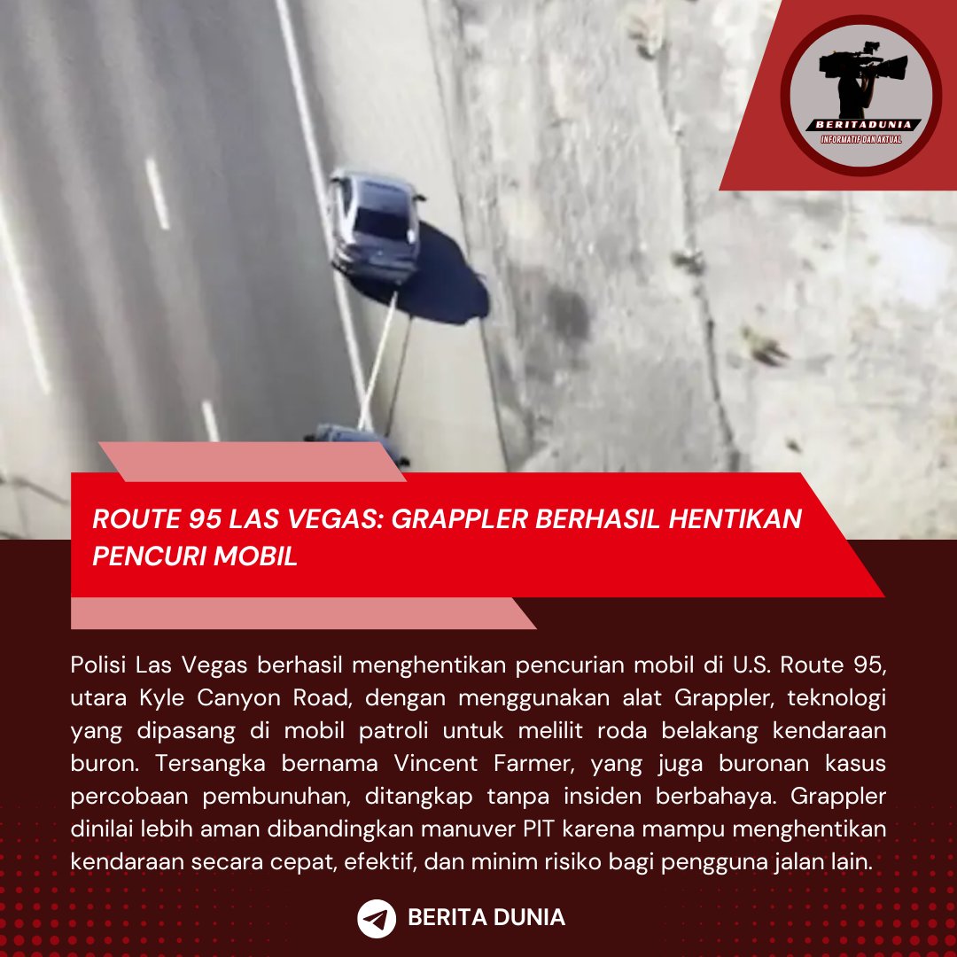 beritadunia_a1's tweet image. Polisi Las Vegas gunakan Grappler di Route 95 untuk hentikan mobil curian 🚨
Tersangka buronan percobaan pembunuhan ditangkap tanpa insiden!

Selengkapnya : t.me/berita_dunia/6…

#LasVegas #Route95 #Grappler #BeritaDunia
