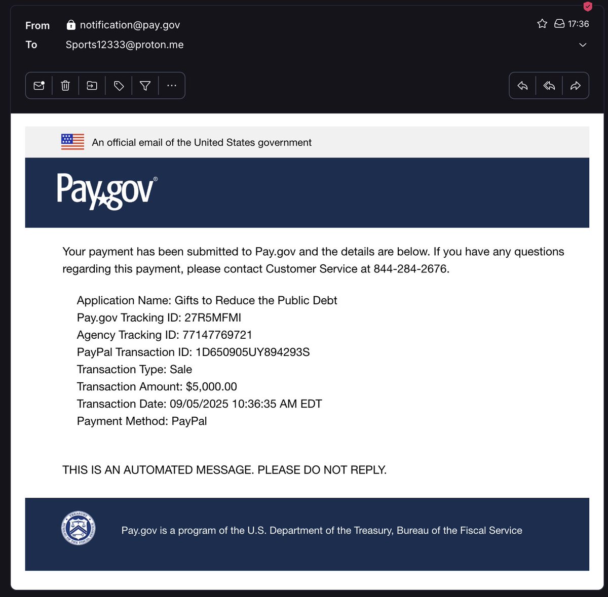 Payment #29 Complete 💰

$5,000 sent to the <a href="/USTreasury/">Treasury Department</a> via Pay.gov
Paygov Tracking ID: 27R5MFMI
Agency Tracking ID: 77147769721

Total Donated: $235,000

debtcoin.us/#payments