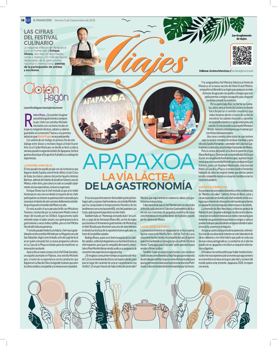 ElFinanciero_Mx's tweet photo. ¡Buen viernes! Hoy en la sección viajes:

✨ Apapaxoa 2025: La Riviera Maya se consagra como capital mundial de la gastronomía

🍽️ Chefs con estrellas Michelin, cocineras tradicionales y talento emergente se reunieron en la Riviera Maya para la segunda edición de Apapaxoa, el festival gastrocultural de Grupo Xcaret

👩‍🍳👨‍🍳 Durante seis días, figuras como Enrique Olvera, Mitsuharu Tsumura y Martha Ortiz compartieron técnicas, sabores y fusiones que honran la tradición mexicana y la proyectan al mundo.

Descubre más en nuestro suplemento 👉 https://t.co/d6eqrn1Zis