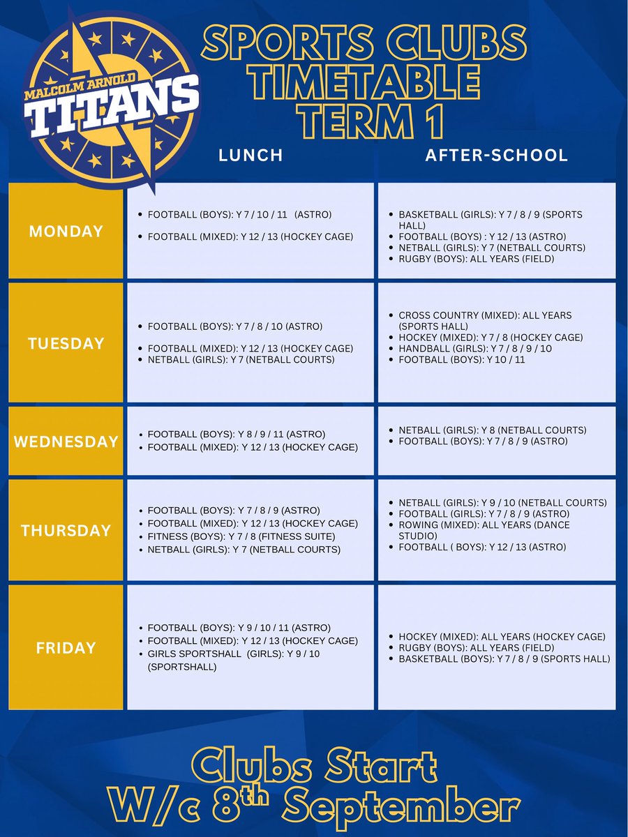 MAAcademySport's tweet image. We are Excited to announce our Term 1 Sports Timetable with loads of new clubs and so much going on during the week! We look forward to seeing you there!!