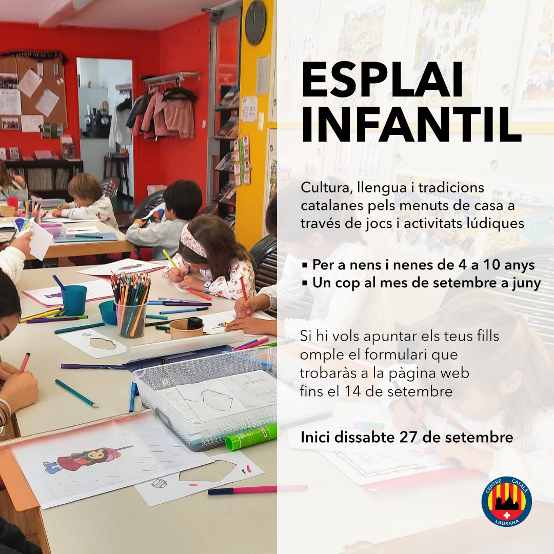 Si esteu interessats en apuntar els vostres fills a l'esplai pel curs 2025-26 ompliu el formulari que trobareu a catalansasuissa.org/esplai-infanti…

S'ho passaran molt bé!

—
#ccl #centrecatalalausana #lausanne #vaud #suisse #catalanspelmon #catalans #somcasals