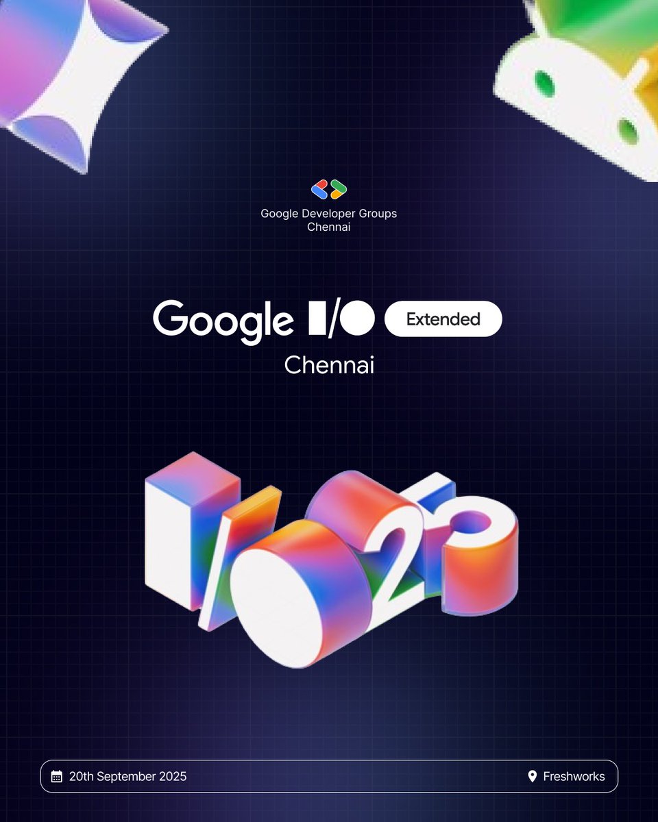 GDGChennai's tweet image. 🚀 #IOExtended Chennai is here!
📅 Sept 20, 2025 | 📍 Freshworks

Talks, demos &amp;amp; Google’s latest dev drops — don’t miss it 👩‍💻👨‍💻

🎟️ Register now: gdg.community.dev/events/details…

#GDGChennai #WTMChennai #IO2025