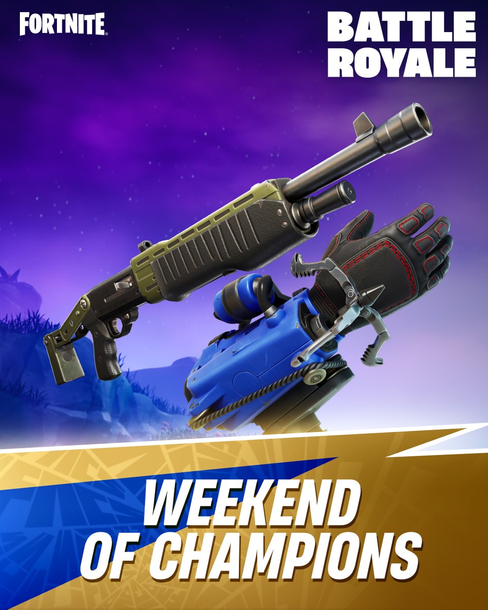 Fortnite's tweet image. Celebrate FNCS with the Weekend of Champions

⚡ Double XP all weekend long!  
⤴️ BR: Thunderpumping returns with Grapple Gloves + Pump Shotguns!
💯 Reload: 100% Rare Chests &amp;amp; skill-shot loot update!
🦙 Blitz: Starting mythic melee weapons + Golden Llamas!