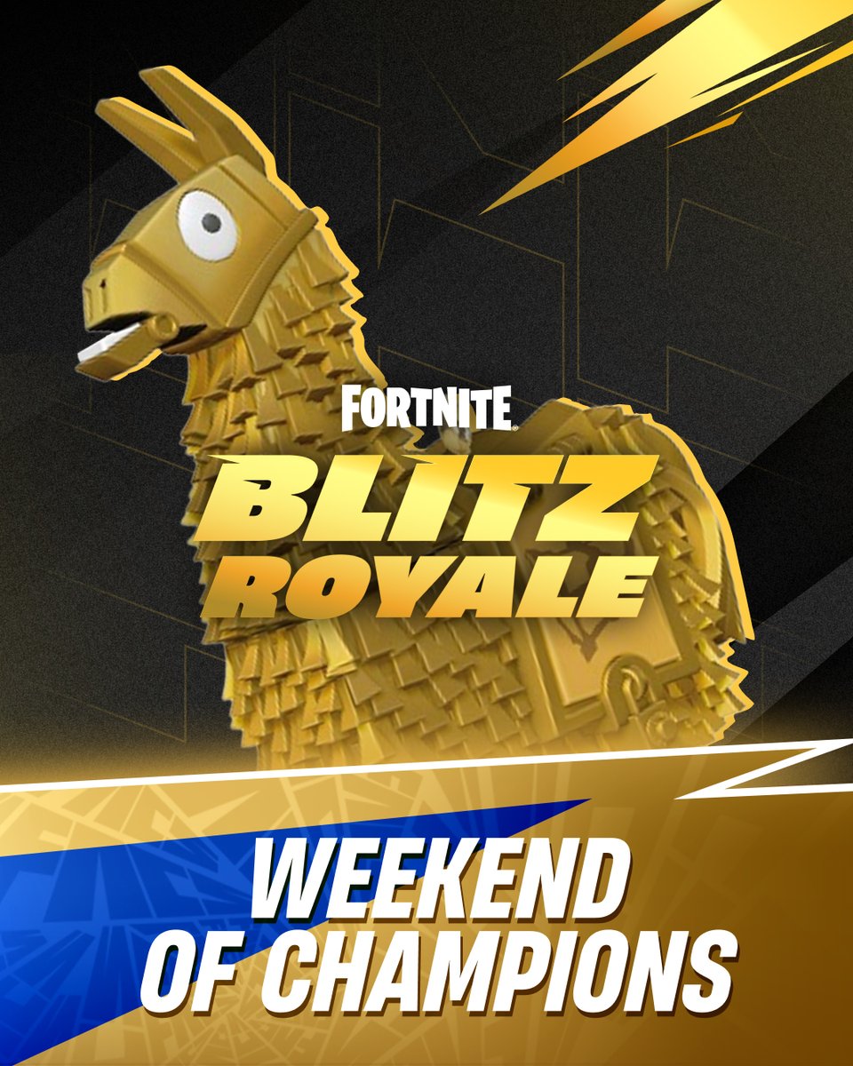 Fortnite's tweet image. Celebrate FNCS with the Weekend of Champions

⚡ Double XP all weekend long!  
⤴️ BR: Thunderpumping returns with Grapple Gloves + Pump Shotguns!
💯 Reload: 100% Rare Chests &amp;amp; skill-shot loot update!
🦙 Blitz: Starting mythic melee weapons + Golden Llamas!