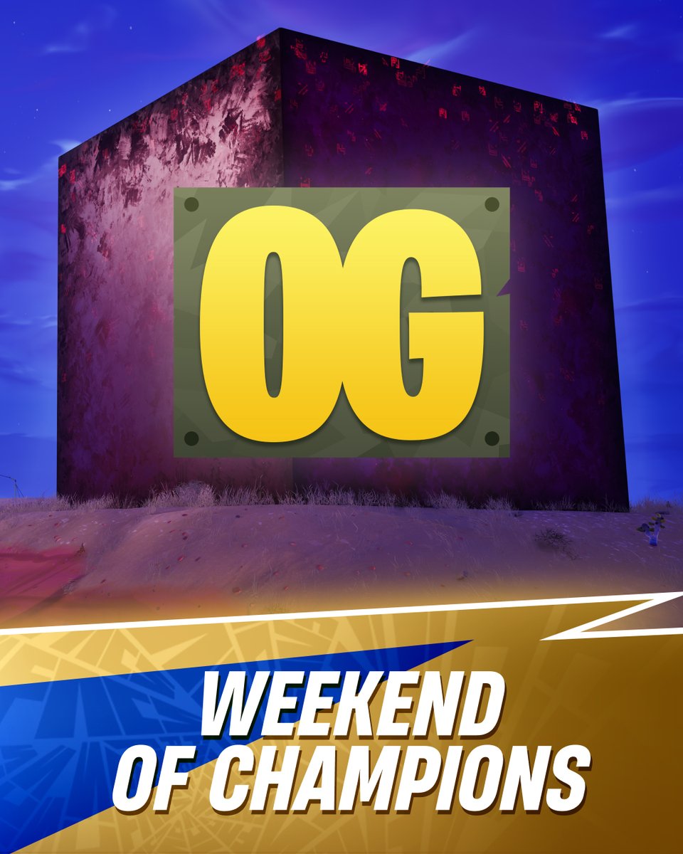 Fortnite's tweet image. Celebrate FNCS with the Weekend of Champions

⚡ Double XP all weekend long!  
⤴️ BR: Thunderpumping returns with Grapple Gloves + Pump Shotguns!
💯 Reload: 100% Rare Chests &amp;amp; skill-shot loot update!
🦙 Blitz: Starting mythic melee weapons + Golden Llamas!