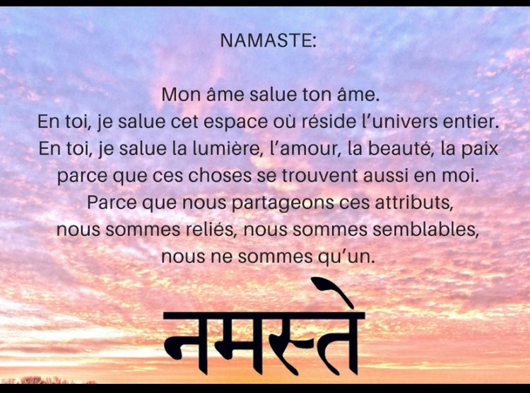 Namaste,
Namaskar,
Namaskaran,

Mon âme salut ton âme. 
En toi je salue cet espace où réside l'univers entier.  
Et toi, je salue la lumière,l'amour, la beauté, la paix.  
Parce que ces choses se trouvent aussi en moi.  
Parce que nous partageons ces attributs, nous sommes