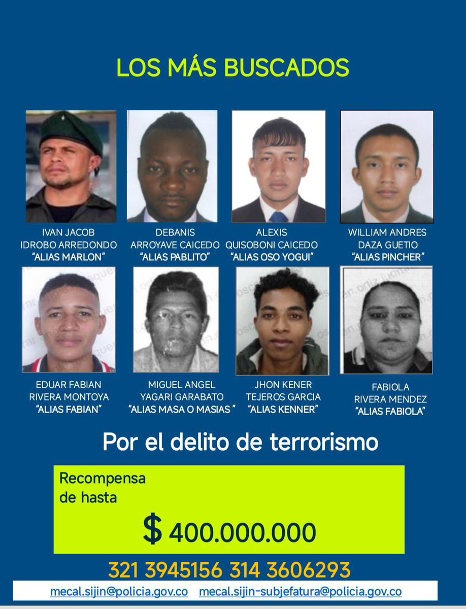 👮🏻‍♂️👮🏻Gracias a su información los capturaremos. 

✅Conozca el volante de ‘Los más Buscados’ por el delito de terrorismo #CaliCo. Absoluta reserva. Líneas directas 3213945156 - 3143606293 📲. 
#DiosYPatria