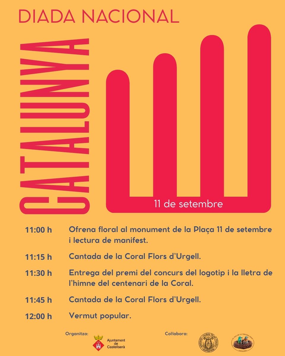 La setmana vinent celebrarem la Diada Nacional de Catalunya. Ho farem amb diversos actes a la Plaça 11 de setembre, acompanyats de les entitats locals.

A més a més, l'acte servirà per entregar els premis dels concursos del centenari de la Coral Flors d'Urgell.