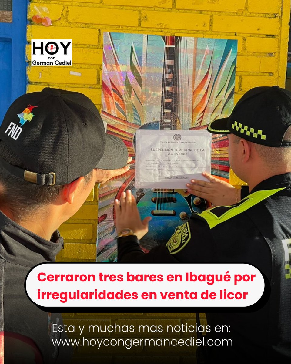 Cerraron tres bares en Ibagué por irregularidades en venta de licor
Léala completa en: hoycongermancediel.com/?p=51114