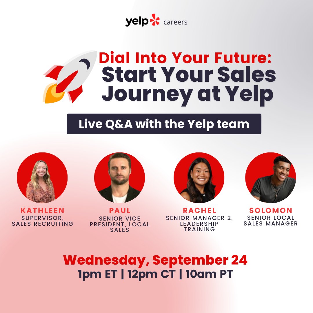 Curious about #LifeAtYelp? Get the inside scoop from our team members like Kathleen (Sales Recruiting), Paul (SVP, Local Sales), Rachel (Leadership Training Specialist), and Solomon (Sales Manager) at our live virtual Q&amp;A event on Sep. 24. 🌟 tinyurl.com/3j68437y