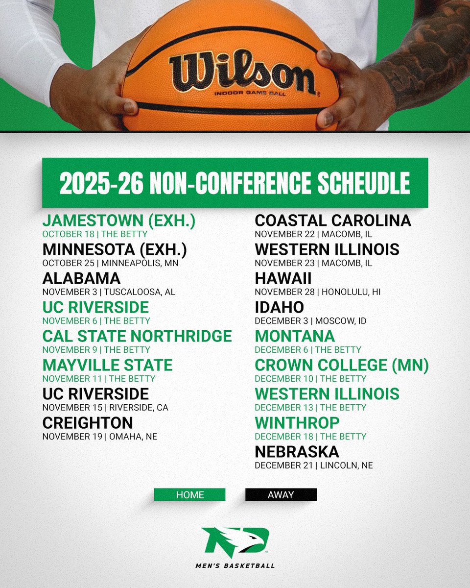 2025-2026 Non-Conference slate🫡
🔗: fightinghawks.com/sports/mens-ba…

#UNDproud | #LGH
