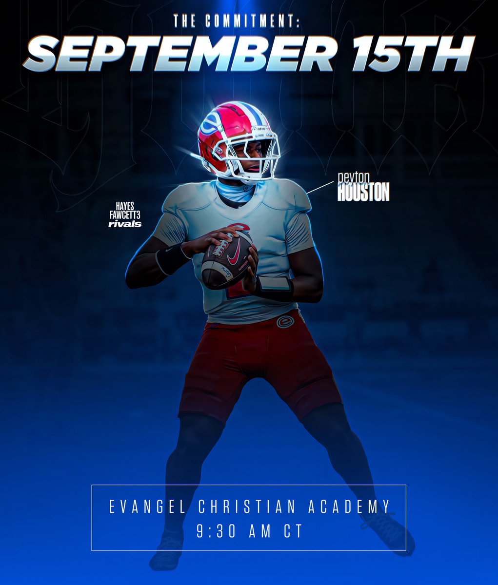 Hayesfawcett3's tweet photo. NEWS: Four-Star QB Peyton Houston will announce his Commitment September 15th, he tells me for @rivals

The 6’0 200 QB from Cotton Valley, LA is one of the Top QBs in the 2027 Class

Where Should He Go? ⬇️

https://t.co/aCJOeHqi2V https://t.co/eVtUmJVdlg