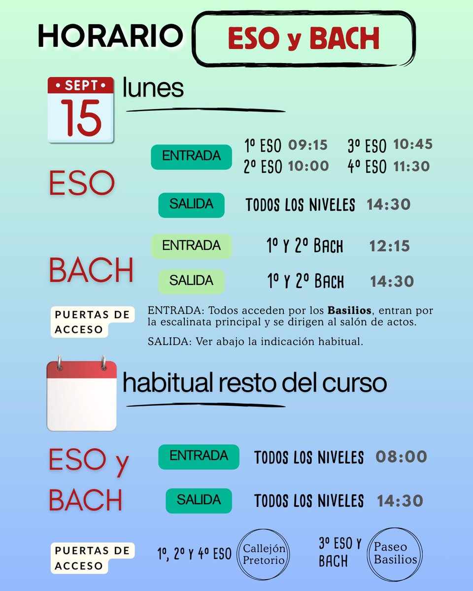 Acercándose la entrada del alumnado, compartimos los horarios del primer día de curso.

Os recordamos a todas las familias que la información más detallada la encontráis en el apartado “Avisos” de nuestra plataforma Educamos.

¡Os esperamos! ¡A la conquista conjunta del 25/26!
