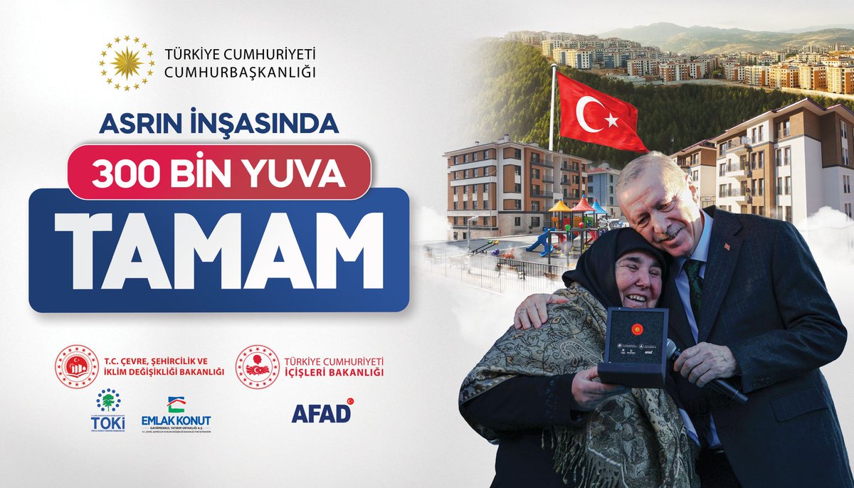 Verilen her söz, bir bir yerine getiriliyor.
Cumhurbaşkanımızın teslim ettiği konutlarla, milletimiz için güvenli yuvalar yükseliyor.
#300BinYuvaTamam 🇹🇷