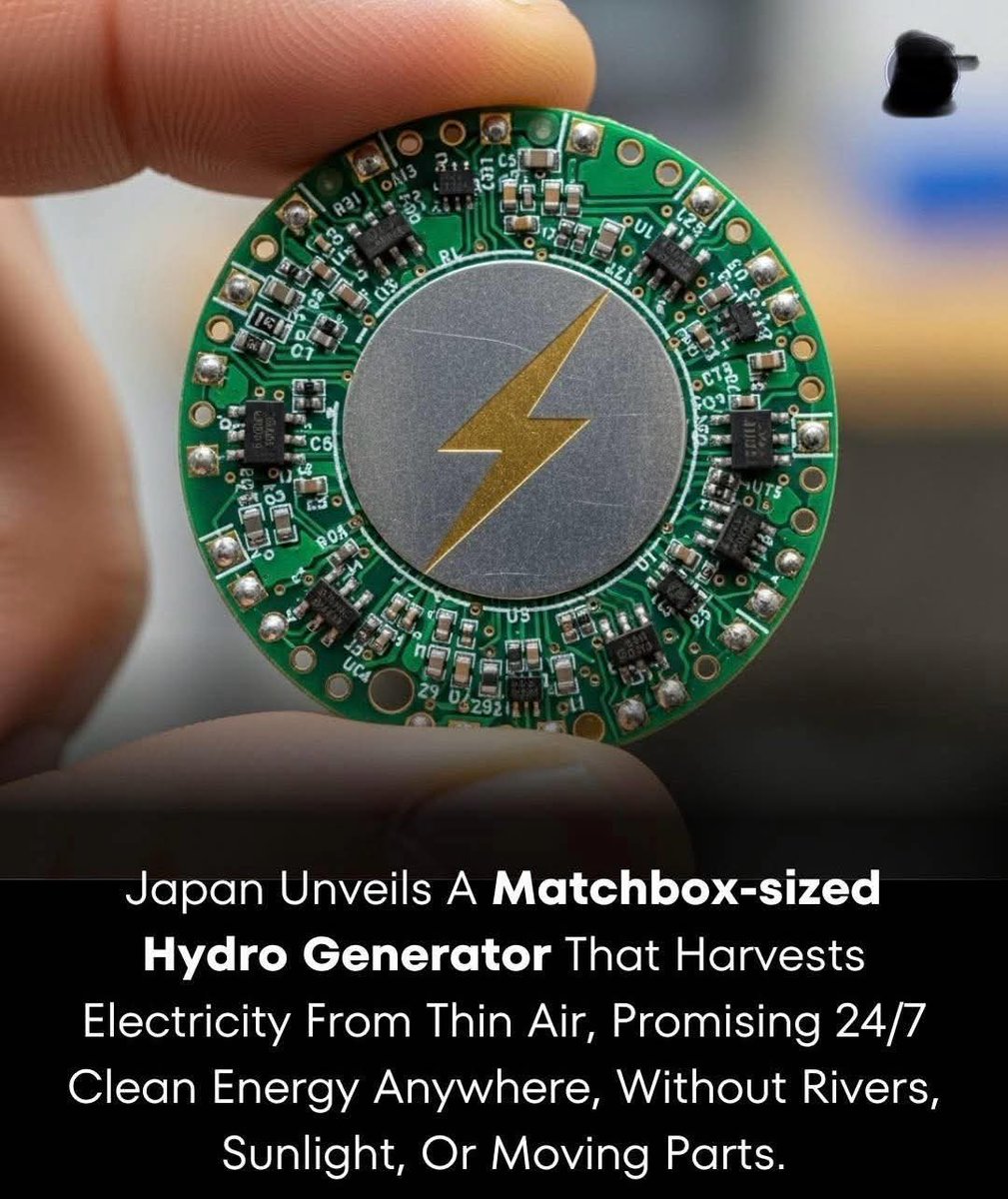 FirozL18701's tweet image. *#KYOTOENGINEERS* develop a *#MATCHBOXSIZEDGENERATOR* that draws *#ELECTRICITYFROMAIRMOISTURE* — no *#SUN*, no *#WIND*, no moving parts. Works *#24/7* using a *#NANOFILM*, powering sensors even in rice paddies. A bold leap for *#CLEANENERGY*.