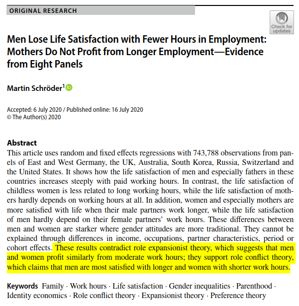 Erkeklerin çalışma saatleri uzadıkça eşlerinin yaşam memnuniyeti artıyor.