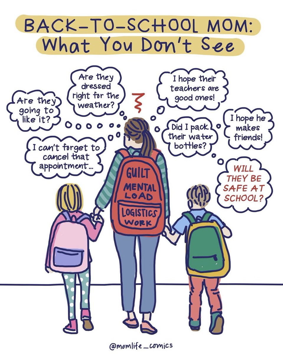 Back-to-school brings more than drop-offs and pep talks. Behind the scenes are questions about safety, friendships, and endless details that rarely get noticed. Invisible work is everywhere, even here.
Graphic courtesy of <a href="/momlife_comics/">lougie</a>
#InvisibleWork #ParentingLife