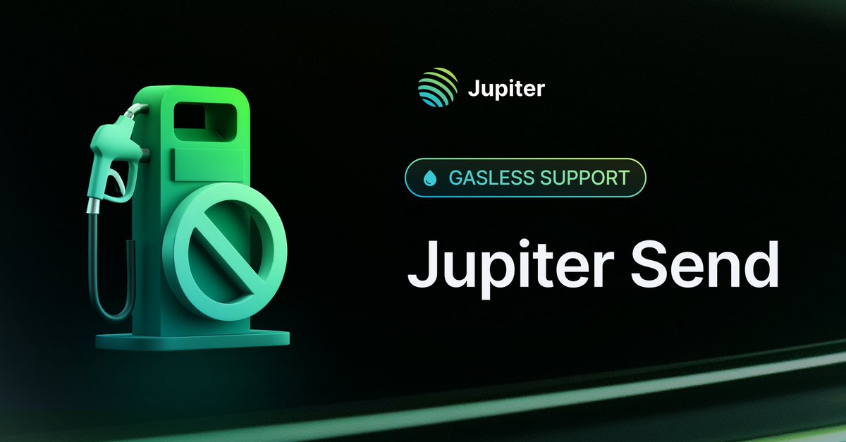Jupiter Send 的宣传图，展示了免 gas 支持并配有无 gas 加注泵图标