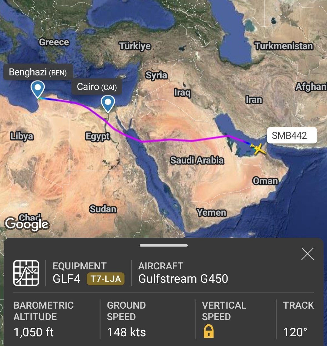 San Marino-based Skymark Executive Gulfstream G450 private jet (Reg. T7-LJA), linked to the LNA 🇱🇾 and Haftar’s family, departed Benghazi 🇱🇾 for Dubai 🇦🇪 today, while filing a false flight plan showing Cairo, Egypt 🇪🇬 as its intended destination.