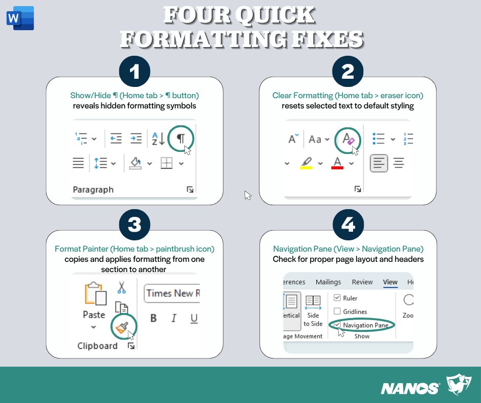 BlueCoreTech's tweet image. Ever struggle with formatting issues in Word, such as text not aligning properly, inconsistent styles, or extra spaces? Find and fix formatting problems fast with these tips!