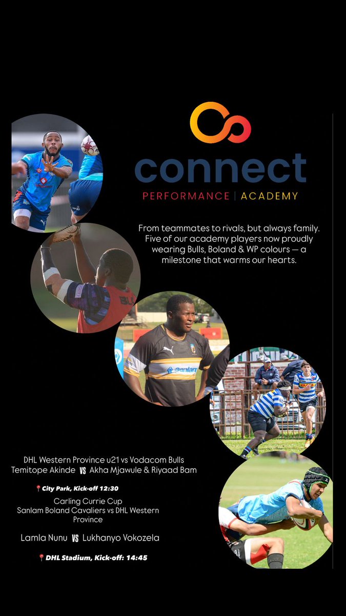 From Connect to the big stage! 🔥
5 of our boys go head-to-head this weekend in Bulls, Boland &amp; WP colours 

📍 City Park | 12:30
Temitope Akinde vs Akha Mjawule &amp; Riyaad Bam

📍 DHL Stadium | 14:45
Lamla Nunu vs Lukhanyo Vokozela

From teammates ➝ rivals ➝ always family.