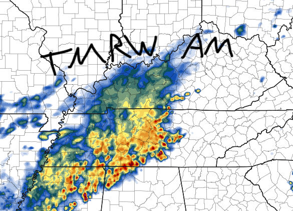 Tonight: Chance of Severe storms in KY and TN with damaging winds being the main threat, though a quick spinup can't be ruled out

Tomorrow AM: Another large burst of rain that will stretch from KY to areas in MS and AL. No severe threat expected, though there may a few rumbles.