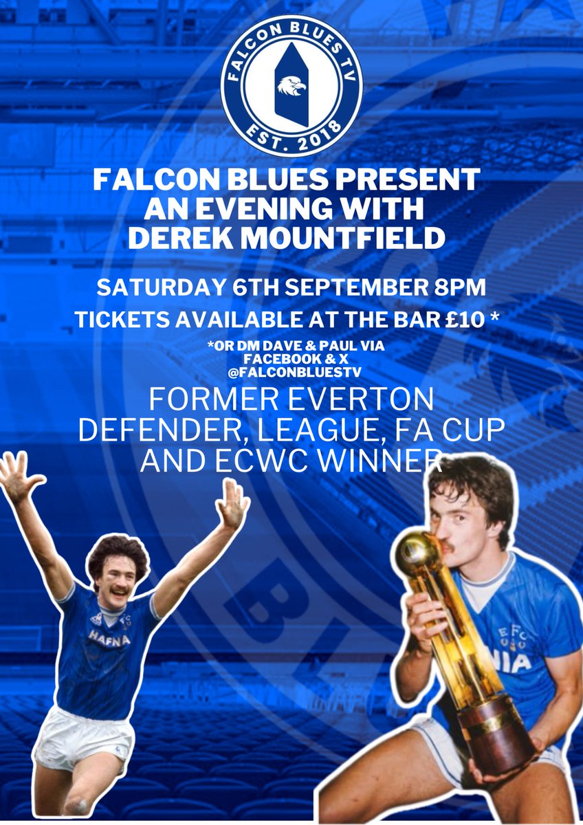 Still tickets left for tomorrow's (Sat 6th) Everton night - An evening with Derek Mountfield! £10. 8pm start.