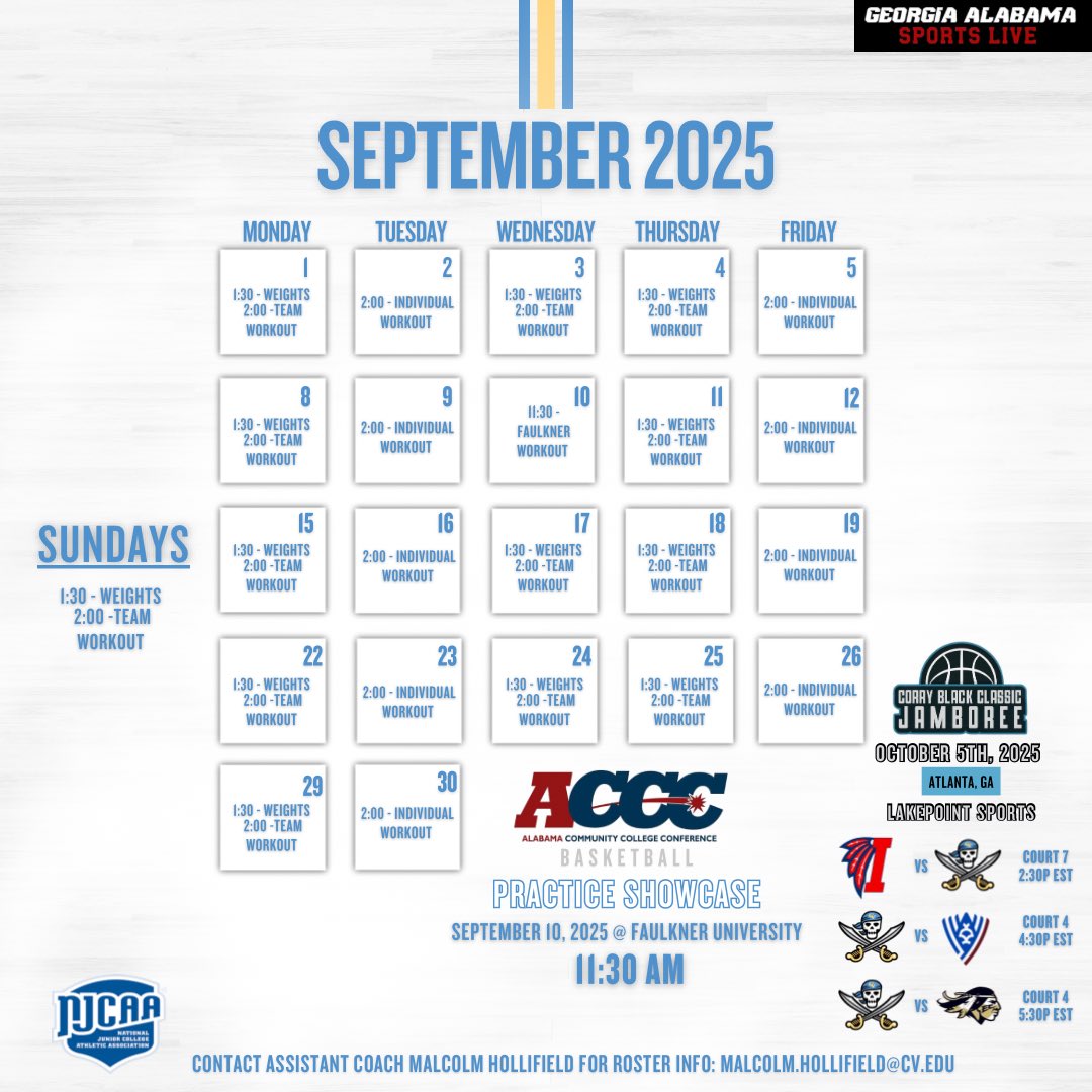 🚨 Pre-Season Schedule is HERE 🚨

Come check out the Chatt Valley Pirates this fall as we prepare for another big year in the ACCC! 🏀🏴‍☠️

📍 Practice Showcase – Sept. 10 @ Faulkner Univ. (11:30 AM)
📍 Corry Black Jamboree – Oct. 5 @ LakePoint Sports (ATL) <a href="/CoachCBlack/">Corry Black</a>